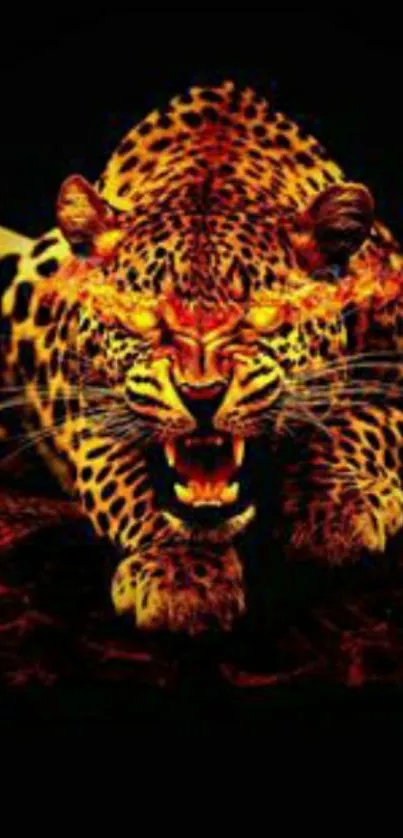 Fierce leopard with fiery colors on a dark background.