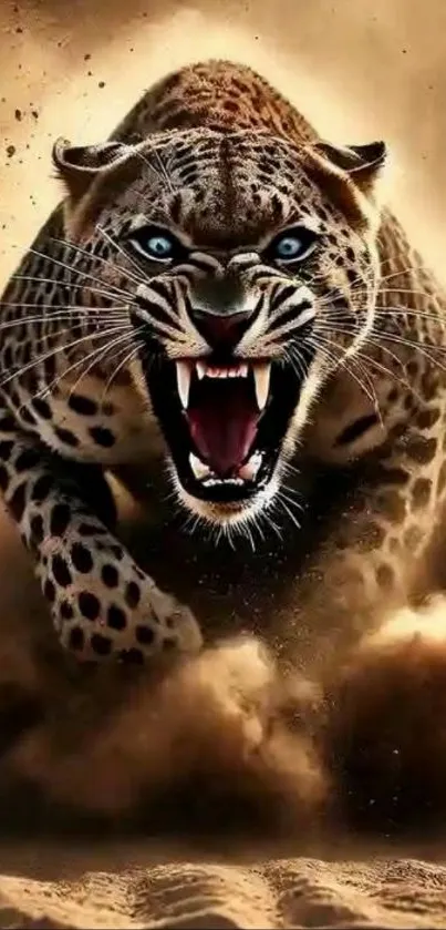 Fierce leopard charging with an intense gaze against a dusty background.