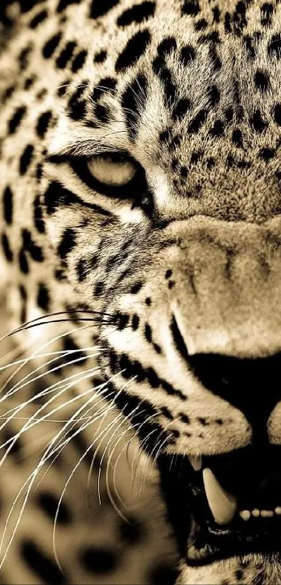 Close-up of fierce leopard's face with intense gaze and spotted fur.