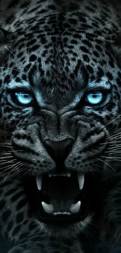 Mobile wallpaper of a fierce leopard with glowing blue eyes.