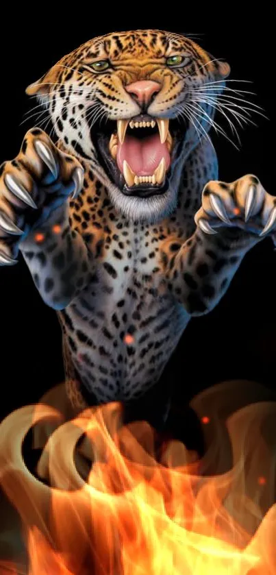 Leopard leaping over flames with a black background.