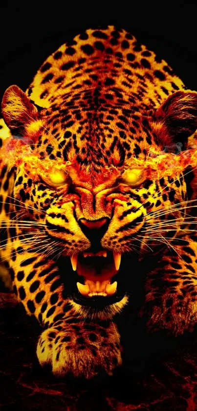 Fiery leopard with glowing eyes for mobile wallpaper.