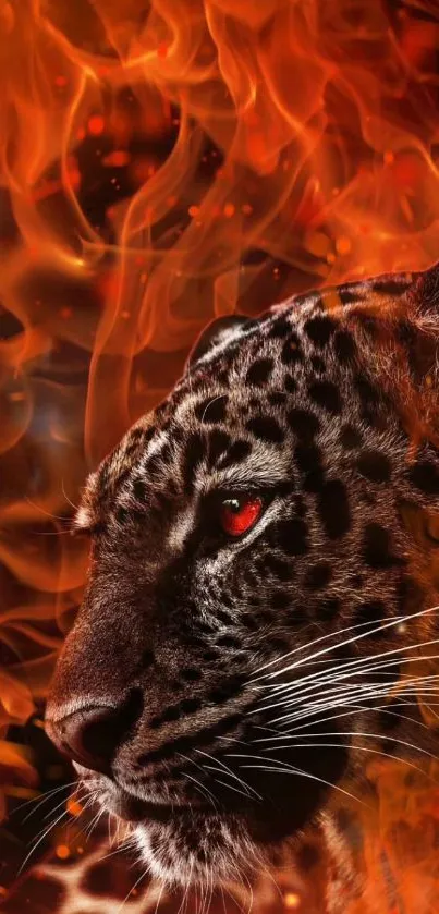 Fierce leopard with fiery background, vivid flames enveloping face.