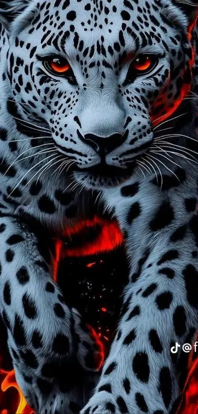 Fierce leopard in a fiery, dynamic pose with vibrant colors.