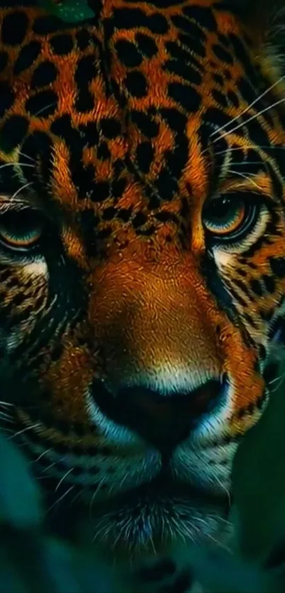 Close-up of a leopard's face surrounded by jungle foliage.