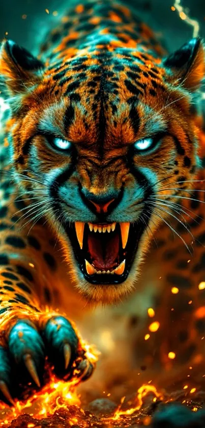 Fierce leopard with glowing eyes and electric sparks on a dynamic wallpaper.