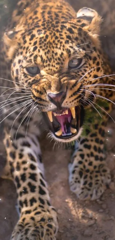 Growling leopard in vibrant mobile wallpaper.