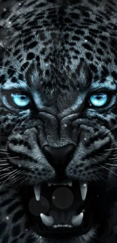 Fierce leopard with glowing blue eyes.