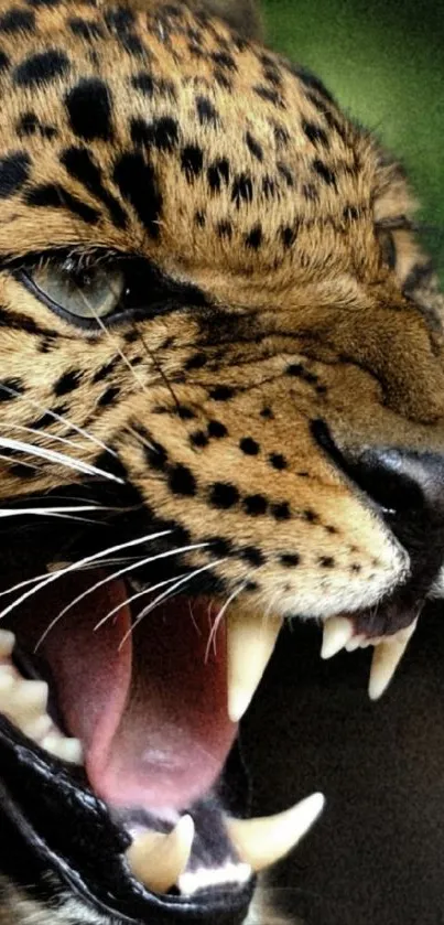 Close-up of a fierce leopard roaring with its sharp teeth visible.