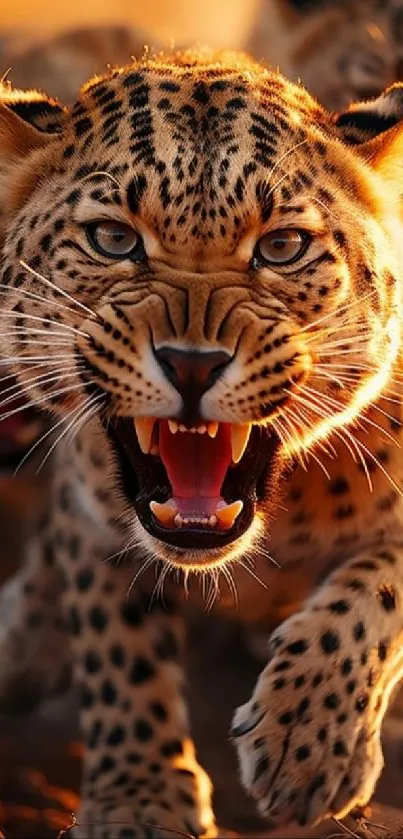 Fierce leopard roaring with golden brown fur in striking mobile wallpaper.