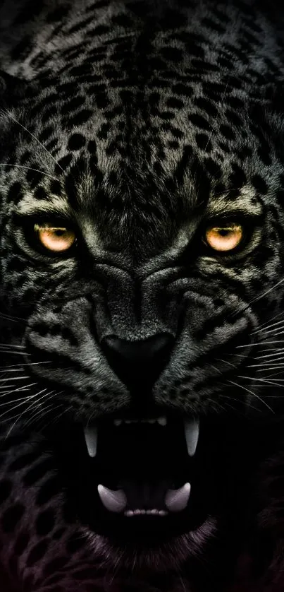 A fierce leopard with glowing eyes and dark shades on a mobile wallpaper.