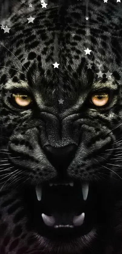 Fierce leopard with glowing eyes in a dark-themed wallpaper.