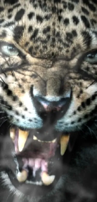 Fierce leopard growling in vivid detail on a dark phone wallpaper.