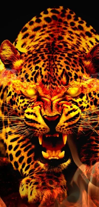 Fierce leopard with fiery eyes on black background, perfect for mobile wallpaper.