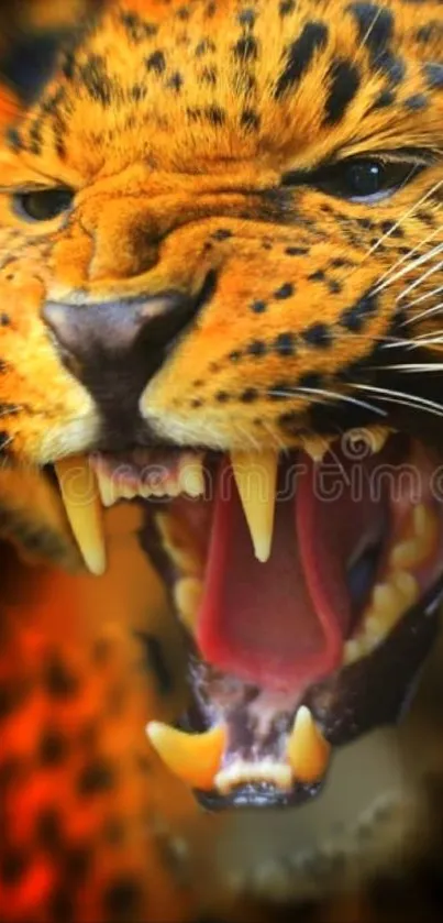 Fierce leopard with mouth open showing teeth in vivid orange tones.