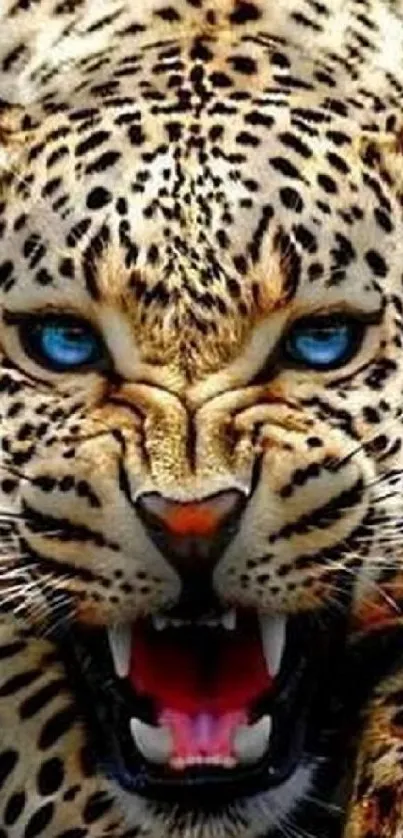 Close-up of a fierce leopard roaring with striking blue eyes.