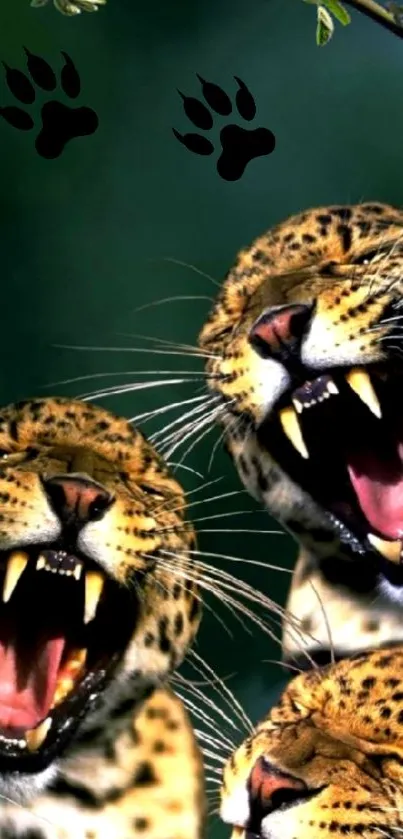 Three leopards roaring with jungle background.