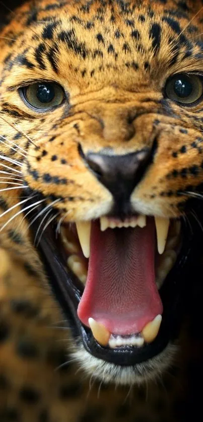 Close-up of a roaring leopard displaying fierce and captivating facial details.