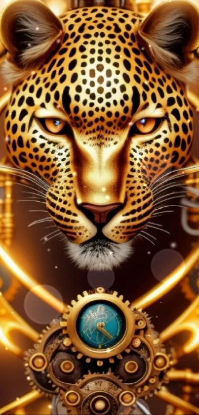 Steampunk leopard with golden gears, a striking mobile wallpaper design.