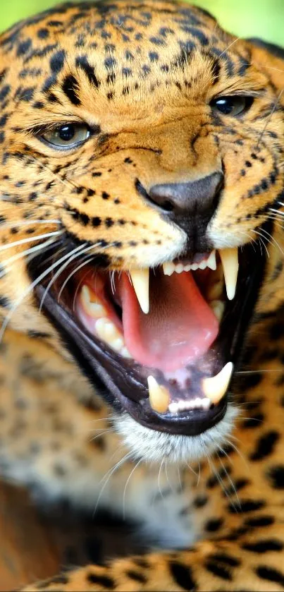 Fierce leopard with open mouth, showing sharp teeth and vibrant spots.