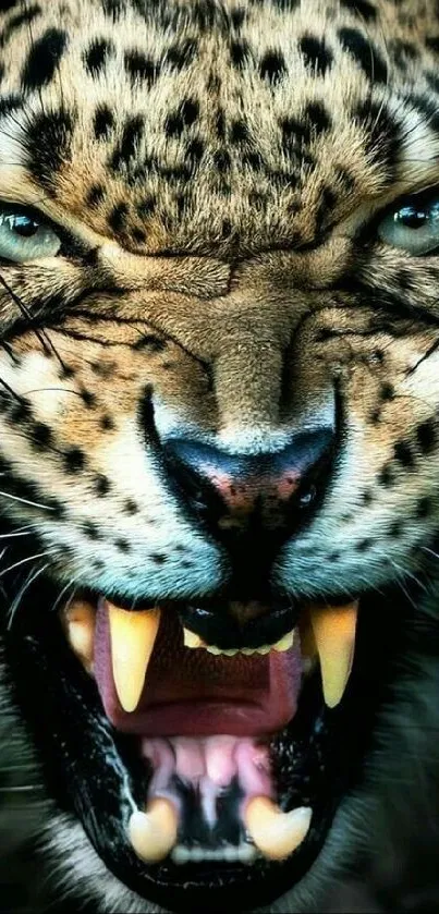 Close-up of a fierce leopard with intense eyes and sharp teeth.