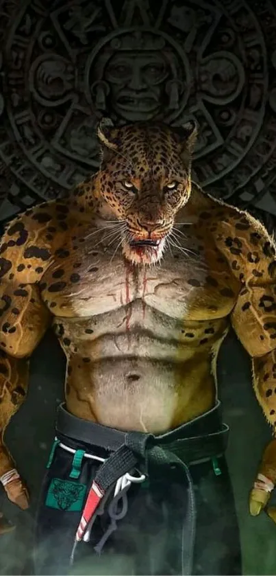 Leopard warrior in mystical jungle setting with detailed artwork.