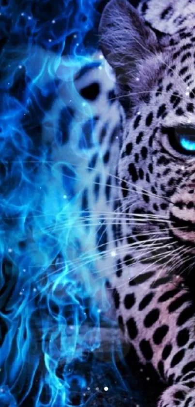 Fierce leopard with glowing blue flames on a phone wallpaper.