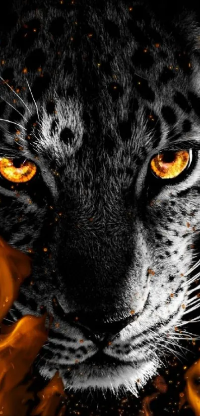 Fierce leopard with fiery eyes and flames mobile wallpaper.