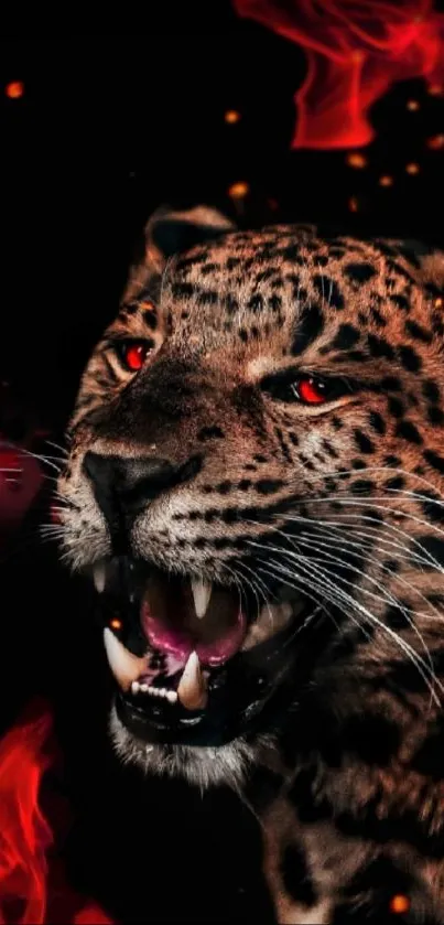 Leopard with fiery red eyes and flames, dramatic mobile wallpaper.