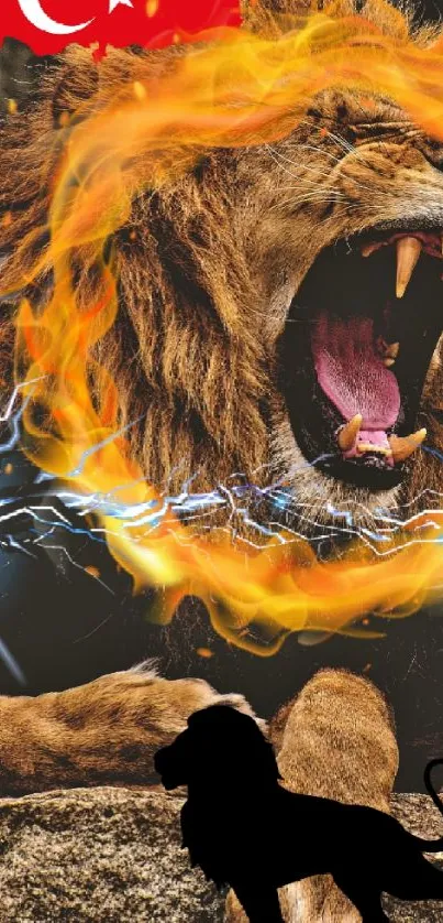 Roaring lion with fiery circle and electric spark design.