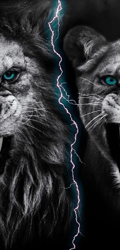 Fierce lion and lioness mobile wallpaper with blue eyes and lightning bolt.