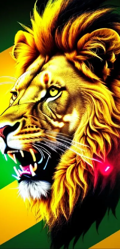 Fierce lion art with neon accents and green stripes.