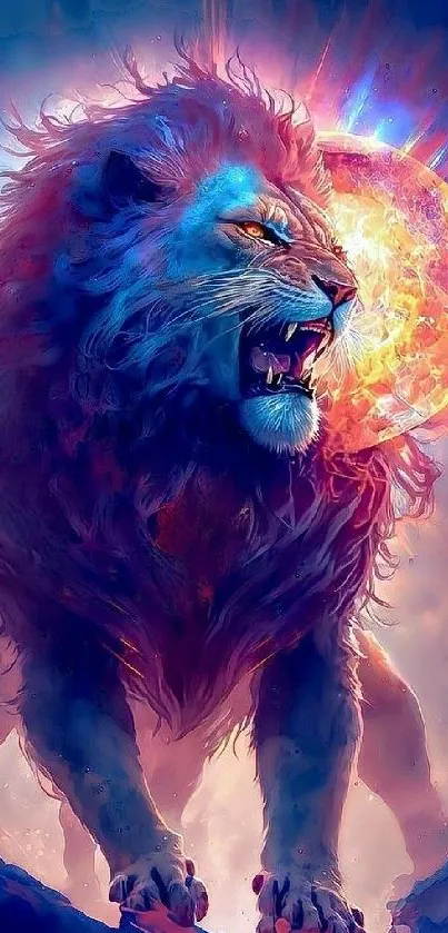 Fierce lion with cosmic background in vibrant colors.
