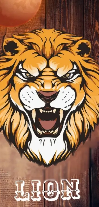 Vibrant lion illustration on wood background.