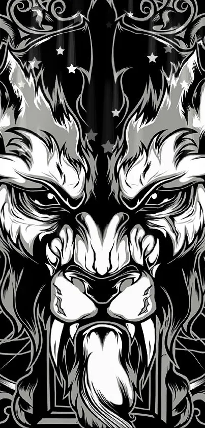 Fierce black and white lion tribal art wallpaper for mobile.