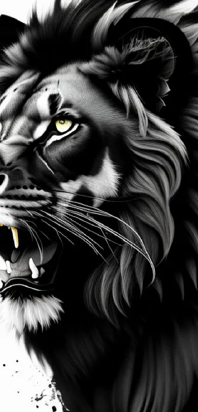 Fierce black and white lion with golden eyes in artistic wallpaper.