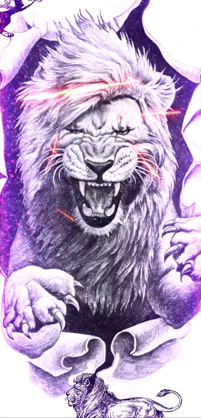 Illustrated lion breaking through a cosmic canvas.