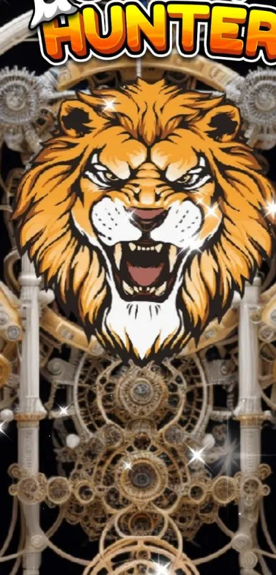 Fierce lion with clockwork design wallpaper.