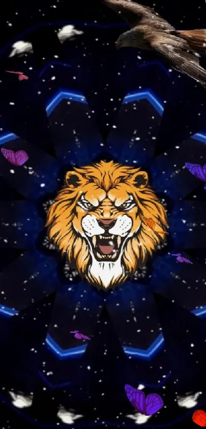 Lion and eagle in cosmic galaxy wallpaper with starry background.