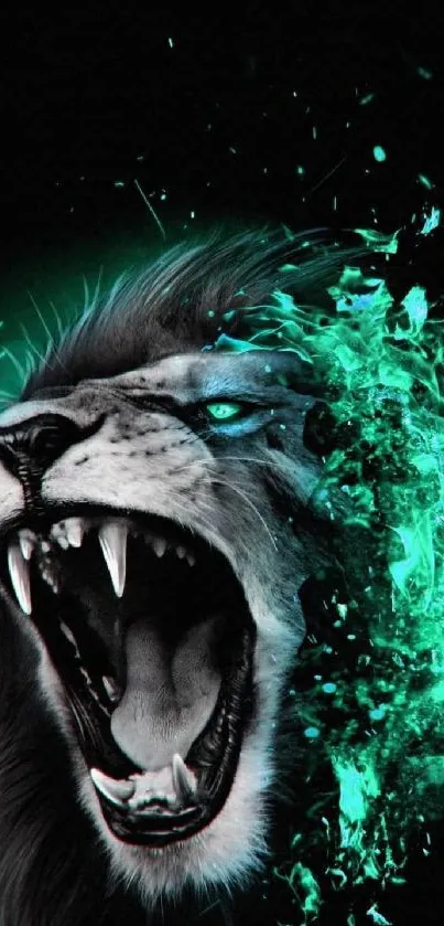 Fierce teal lion digital art wallpaper.