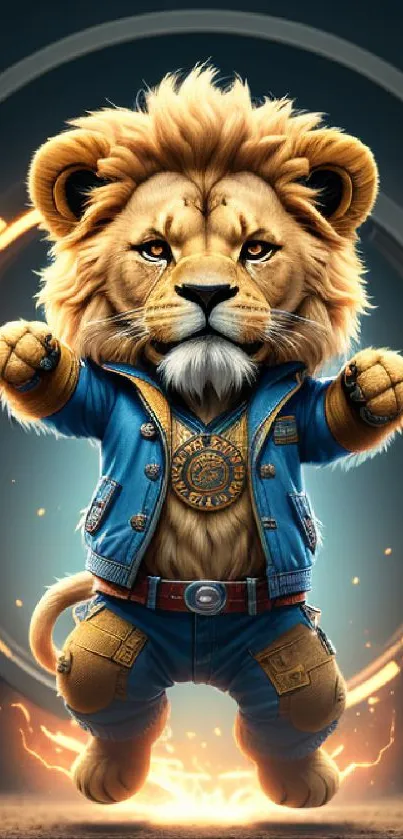 A fierce lion in stylish, futuristic attire with a dynamic background.