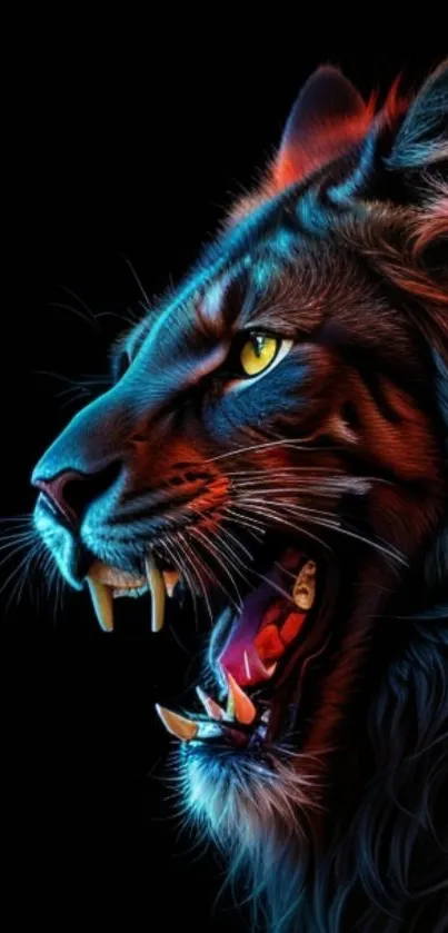 Vibrant digital art of a roaring lion's profile on a dark background.