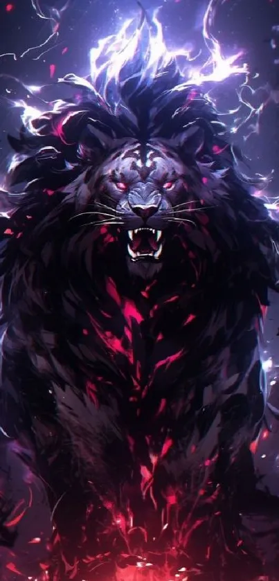 Fierce lion with electric neon light design on a dark background.