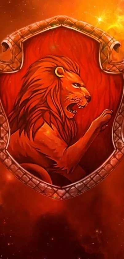 Majestic lion emblem in fiery red tones on mobile wallpaper.