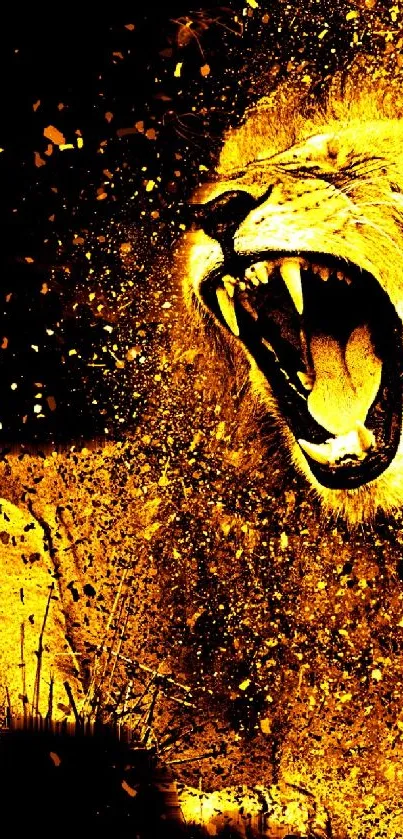 Fierce lion roaring with explosion effect in gold tones.