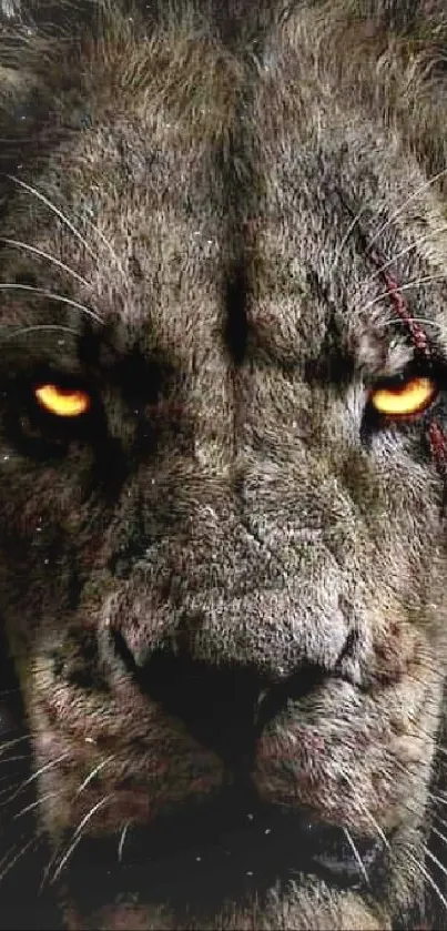 Dark lion face with glowing eyes wallpaper.