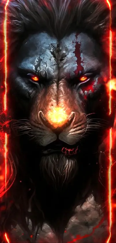 Fierce lion with fiery eyes fantasy wallpaper.