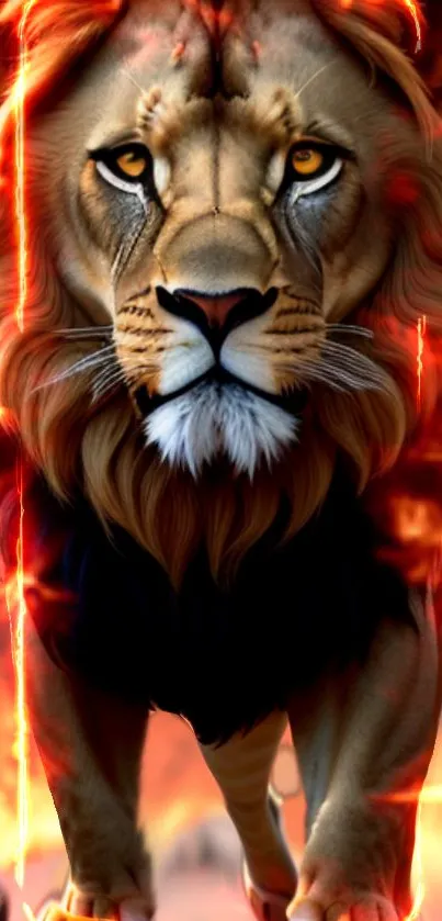 Fierce lion surrounded by flames in vibrant mobile wallpaper.