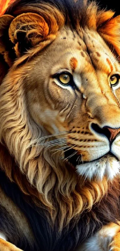 Majestic lion with fiery mane in a vibrant mobile wallpaper.