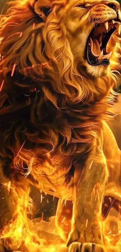 Roaring lion engulfed in flames with an intense fiery background.